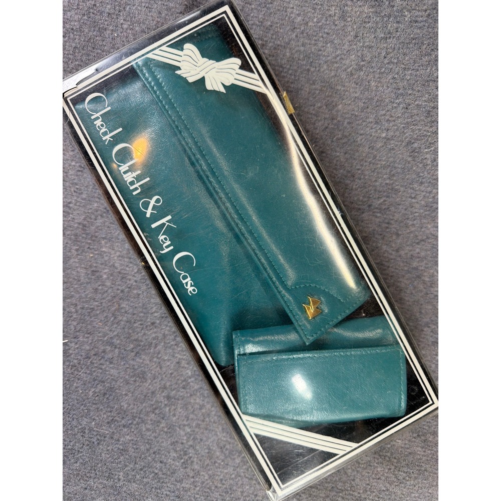 Vintage Check Clutch & Key Case Set‎ Womens Teal Blue Retro NEW Card Pouch